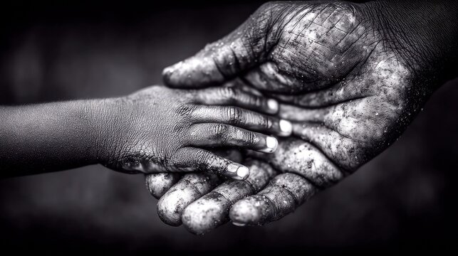 A close-up black and white shot of a small, dirty child's hand being held by a larger, weathered adult hand.