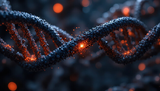 Abstract 3D DNA double helix with glowing orange particles representing genetic code, biotechnology, molecular research, genome analysis, and future innovation in medical science
