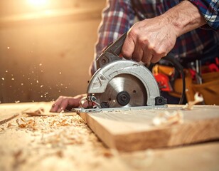 Carpenter using power saw on wooden plank, close up, warm lighting