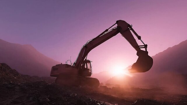 Excavator operates at dawn in a mountainous area, digging and moving earth as the sun rises. Dust and sunlight create a dramatic atmosphere while reshaping the landscape.