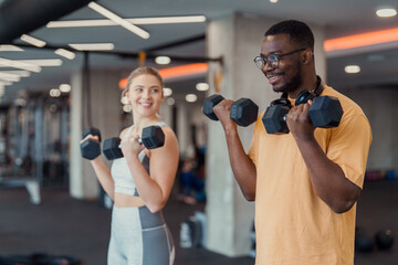 Fototapeta premium Indoor gym scene with smiling diverse young adults exercising with dumbbells in casual athletic wear