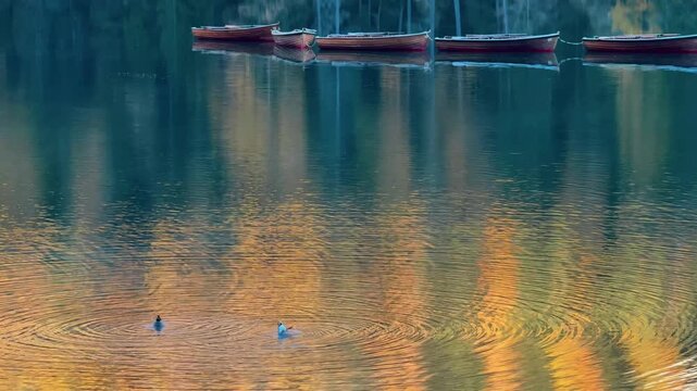Serenity at Lago di Bries in Italy with boats gliding over calm waters and autumn reflections sparkling