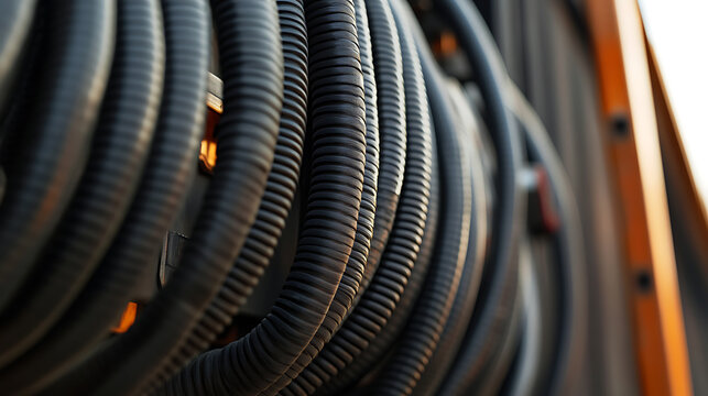 A close-up view showcases neatly coiled, flexible black conduits. Their corrugated surfaces add texture and depth, hinting at their purpose in cable management. Sleek design.