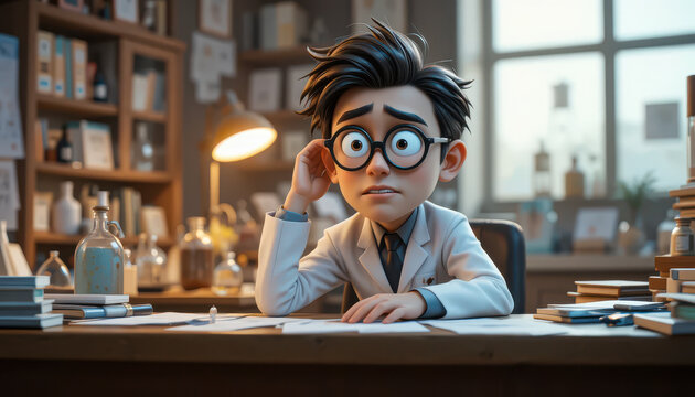 Animated young scientist in a cluttered laboratory looking stressed and thoughtful under warm light, expressing burnout and creative struggle in research work environment
