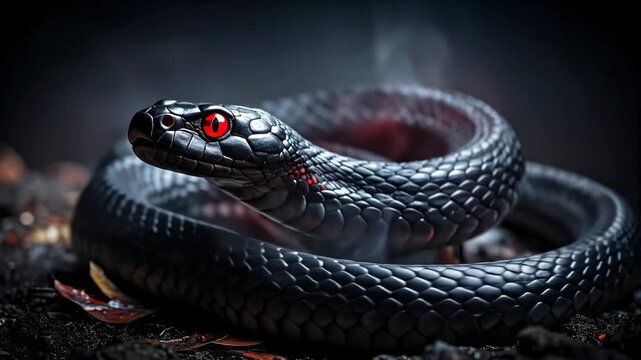Intriguing Black Snake with Red Eyes Coiled and Ready to Strike.