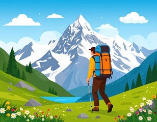 Cartoon hiker trekking towards snow-capped mountains and a pristine lake