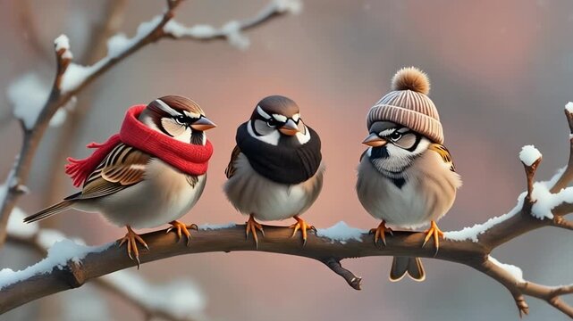 Three Cozy Sparrows Wearing Winter Accessories On Snowy Branch