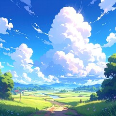 Obraz premium Cartoon-style idyllic countryside landscape under a bright, cloud-filled sky