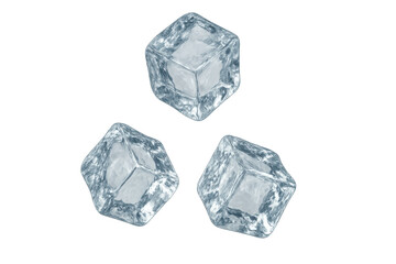 Obraz premium Three clear frozen ice cubes with visible air bubbles floating, adding a chilling and refreshing touch to cold drinks