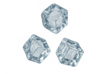 Three clear frozen ice cubes with visible air bubbles floating, adding a chilling and refreshing touch to cold drinks