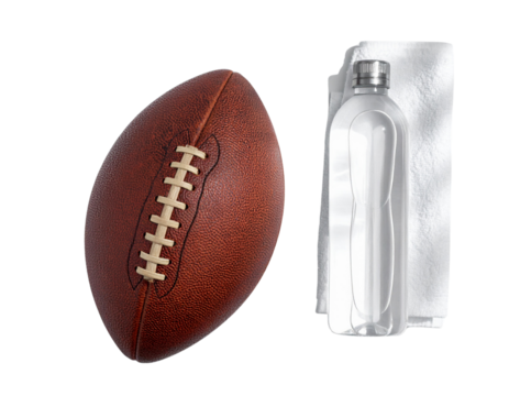 Minimal Brown Football on Wooden Bench with Water Bottle PNG - Powered by Adobe