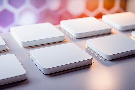 A close-up view of multiple blank white square objects with rounded edges arranged in rows on a light purple surface, with a soft, blurred background.