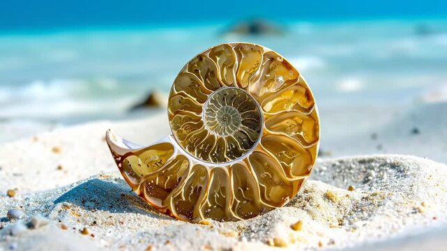 Beautiful Ammonite Fossil on Sandy Beach with Ocean Background.