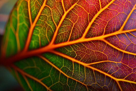 macro leaf veins glowing in a red yellow and green gradient forming a natural reggae inspired soft pattern