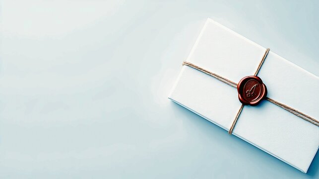 A white envelope is tied with twine and sealed with a dark red wax seal impressed with a letter.