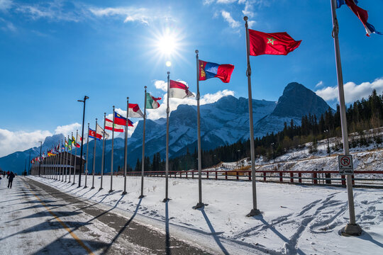 Canmore Nordic Centre Provincial Park in winter sunny day morning. The provincial park was originally constructed for the 1988 Winter Olympics. Canmore, AB, Canada.
