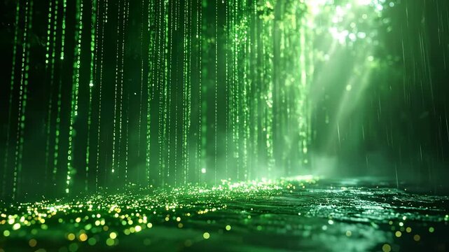 Abstract Green Digital Rain Forest with Glowing Particles and Sunbeams.