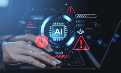 AI system error warning concept with digital interface, red alert symbols, and user input on laptop keyboard in futuristic cybersecurity environment.