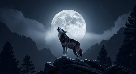 A howling wolf standing on a rocky outcrop beneath a full moon in a dark, mountainous forest landscape at night
