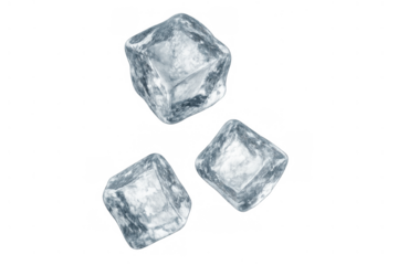 Three ice cubes floating, cold frozen water elements, refreshing drink concept with transparent background