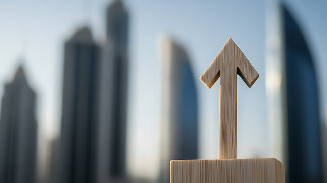Wooden arrow pointing upwards against a backdrop of modern city skyscrapers. Symbolizing growth, progress, and ambition in business and urban development. Striving higher.