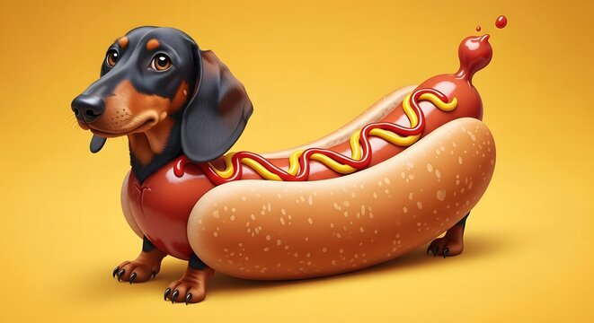 A whimsical illustration of a dachshund dog cleverly integrated into a hot dog bun, complete with mustard and ketchup, set against a vibrant yellow background.