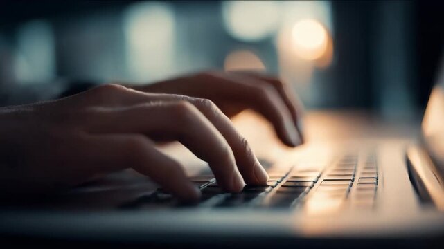 Hands of a person typing on a laptop keyboard, focused on work.