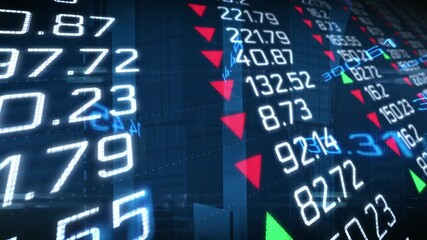 Dynamic digital stock market board displaying fluctuating numbers with green and red arrows indicating rising and falling values. Global markets, trading floors, and investment environments 4k footage - Powered by Adobe