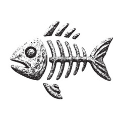 Black grunge fish skeleton illustration on pure white background, perfect for seafood logos, marine art, fishing themes, restaurant icons, and creative minimal graphic design projects