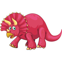 Pink Triceratops Dinosaur Cartoon Art with Yellow Horns and Blue Eyes Isolated on White Background