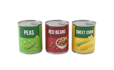 The cans of peas, red beans, and corn against a white backdrop