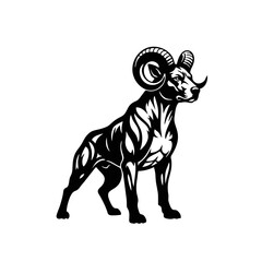Strong Muscular Horned Dog Standing Pose, Solid Black Silhouette