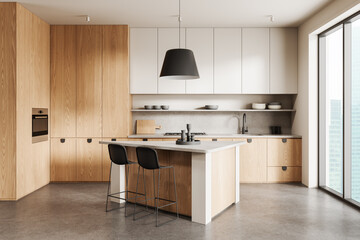 Modern minimalist kitchen interior with wood and white cabinetry, concrete surfaces, and large window in contemporary apartment concept design. 3D Rendering