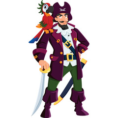 Pirate Captain Standing Confidently with Colorful Parrot on Shoulder and Sword in Hand Against White Background Full Body Illustration