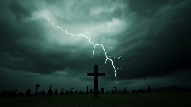 A stark cross stands silhouetted against a dramatic sky illuminated by a powerful lightning strike, casting an eerie glow over the silent cemetery. A scene of solemn beauty. - Powered by Adobe