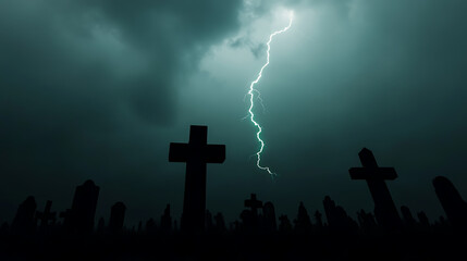 Eerie graveyard scene with lightning striking behind dark crosses against a somber sky. A chilling landscape evokes mystery, mourning and dark memories. #GothicGloom