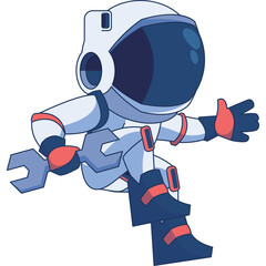 Pixel Art Astronaut Character in White Suit Holding Wrench with Coral Accents on Transparent Background