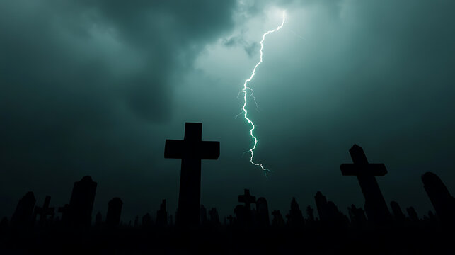 Eerie graveyard scene with lightning striking behind dark crosses against a somber sky. A chilling landscape evokes mystery, mourning and dark memories. #GothicGloom