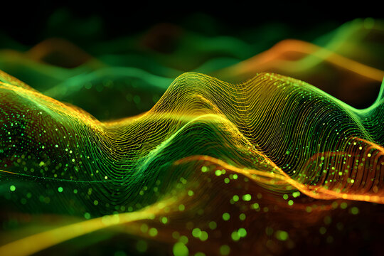 digital holographic streams in green yellow and red forming abstract reggae sound waves in a futuristic 420 concept