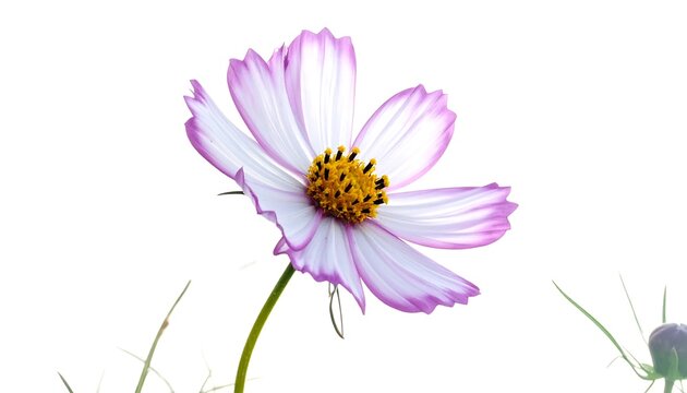 Close-up of a beautiful cosmos flower with purple and white petals on white background - Powered by Adobe