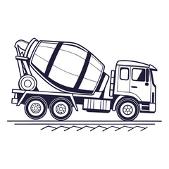 A line drawing of a concrete mixer truck, a heavyduty vehicle used to transport and mix concrete, it features a rotating drum