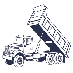 Line drawing of a dump truck with its bed raised, ideal for illustrating construction, logistics, or industrial themes