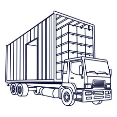 A line drawing of a truck carrying a container full of boxes, the truck is shown in profile, with the container