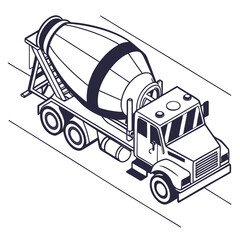 Isometric illustration of a concrete mixer truck on the road perfect for construction, transportation, or industrial themes