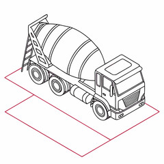 Isometric cement mixer truck illustration, showcasing a detailed line drawing of a construction vehicle with a clean design