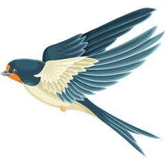 Pixel Art Barn Swallow Bird in Flight Transparent Background Blue and Orange Plumage Detailed Wings and Tail Elegant Creature