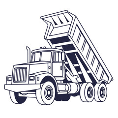 Detailed illustration of a dump truck with its bed raised, perfect for construction, transportation, or industrial designs