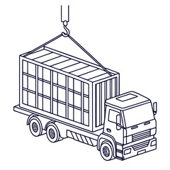 A line drawing of a truck carrying a container being lifted by a crane, the truck is shown in profile, with the container