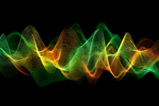 digital holographic streams in green yellow and red forming abstract reggae sound waves in a futuristic 420 concept