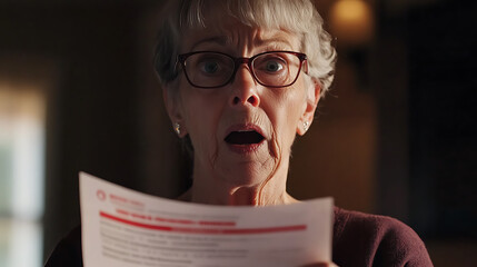Senior woman with a surprised expression, eyes wide and mouth open, holding a document indoors with a dark background. The unexpected news elicits disbelief and shock.